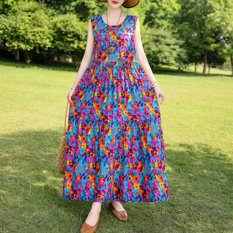 Vintage Floral Print Maxi Dress Women Boho  Sleeveless Long Sashes Dress plus size Casual Shirt Dresses Robe