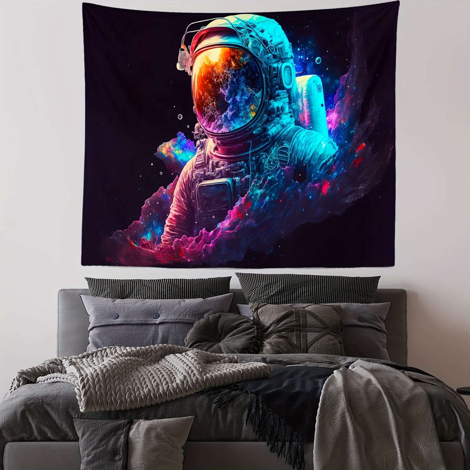 VIKAMA Neon Colorful Astronaut Starry Sky Tapestry, Cyberpunk Wall Art for Bedroom Living Room Dorm Nebula Decor