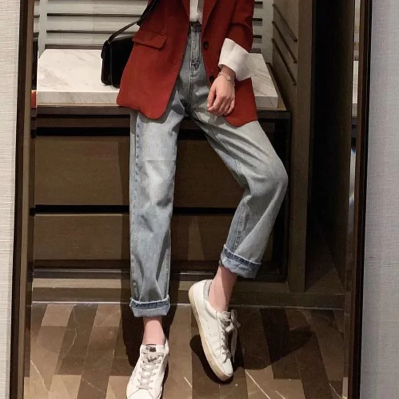Vintage proste dżinsy kobiety z wysokim stanem jasnoniebieskie luźne casualowe spodnie jeansowe 2021 gorąca wyprzedaż koreańskie modne jeansy uliczne