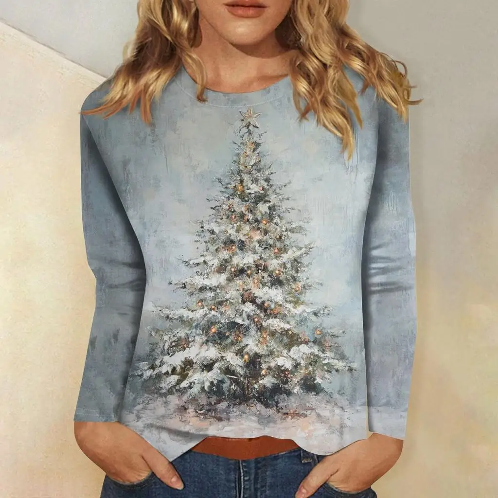 Christmas Women Sweatshirt Designer Round Neck Long Sleeve Loose Casual Autumn Christmas Tree Cat Fun Graphic Print Top