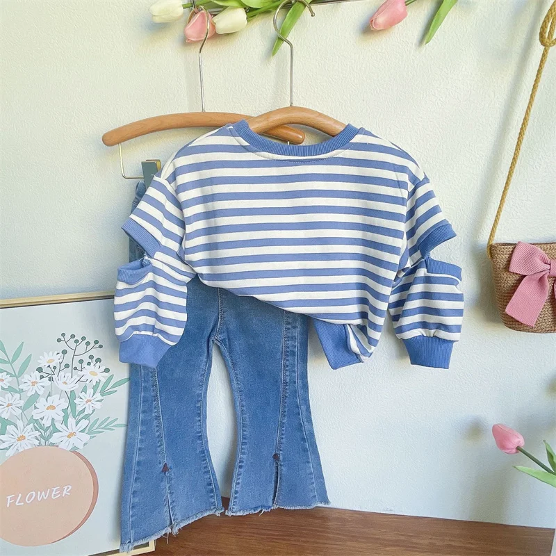 

Girls Striped Set Kids Spring Sweatshirts Suits Children Fashion Long Sleeves Clothing Suits Toddler Autumn Tops+Flared Jeans