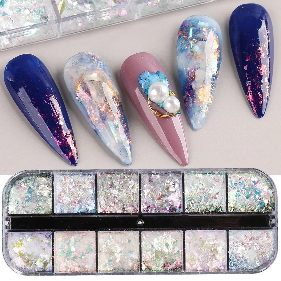 12 Grids Iridescent Nail Aurora Glitter Crystal Fire Flakes Holographic Sparkle Sequins Charms Gel Polish Manicure Flash