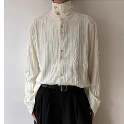 Men's French Style Vintage Pleated Textured High Collar Button Up Shirt Spring Autumn Y2K Harajuku Solid Long Sleeve Loose Tops