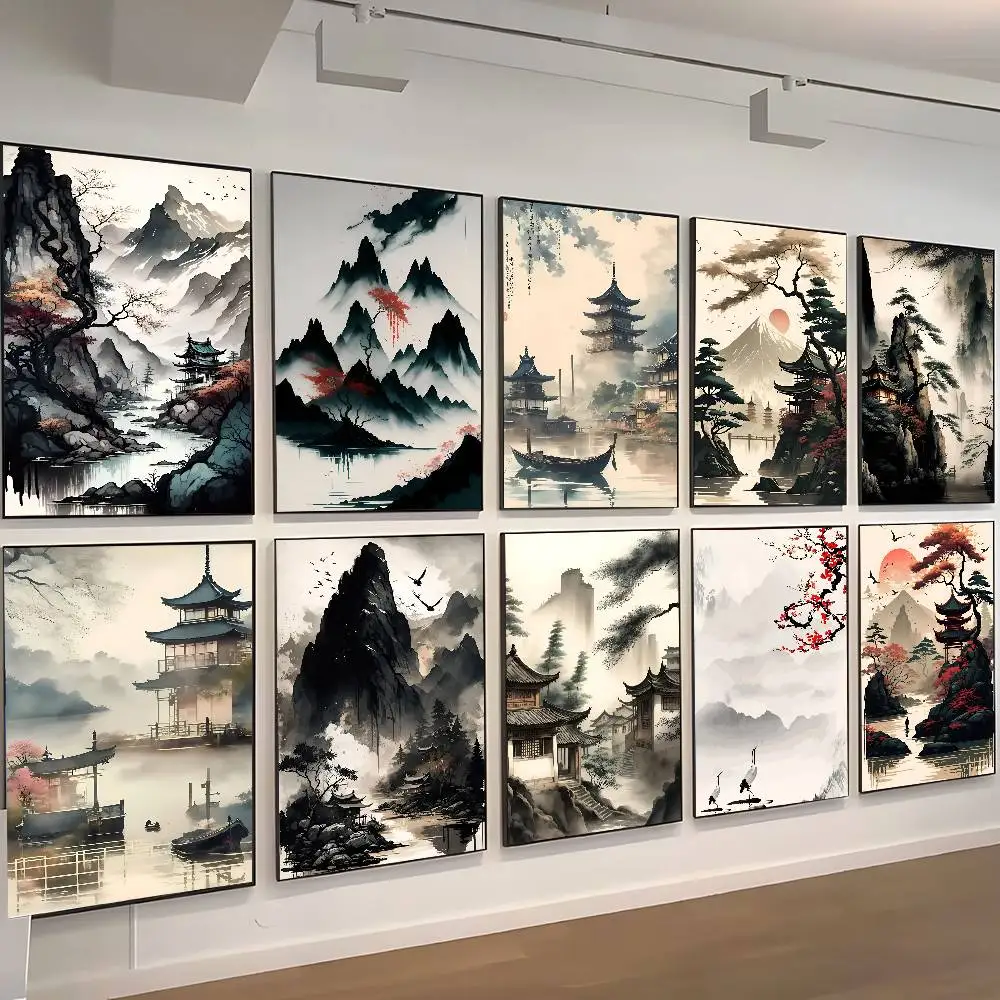 Chinese Landscape Forest River Plum Blossom Temple Art Poster Stickers Living Room Bedroom Entrance Cafe Art Decoration Painting