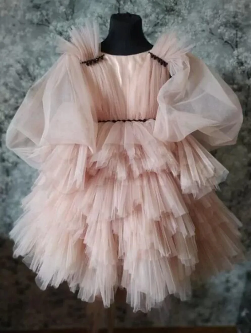 Lovely Pink Baby Girl Dress with Long Puff Sleeve O Neck Infant Tutu Outfit Kid First Birthday Dress Christmas Gift 12M 24M