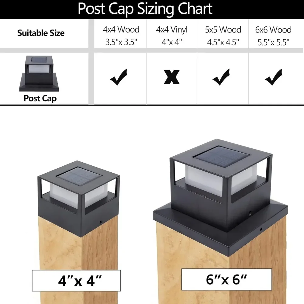 Lámpara de poste Solar para exteriores, iluminación LED, luz de tapa alimentada por energía Solar, postes de madera se adapta a 4x4, 5x5, luces solares impermeables, paquete de 6