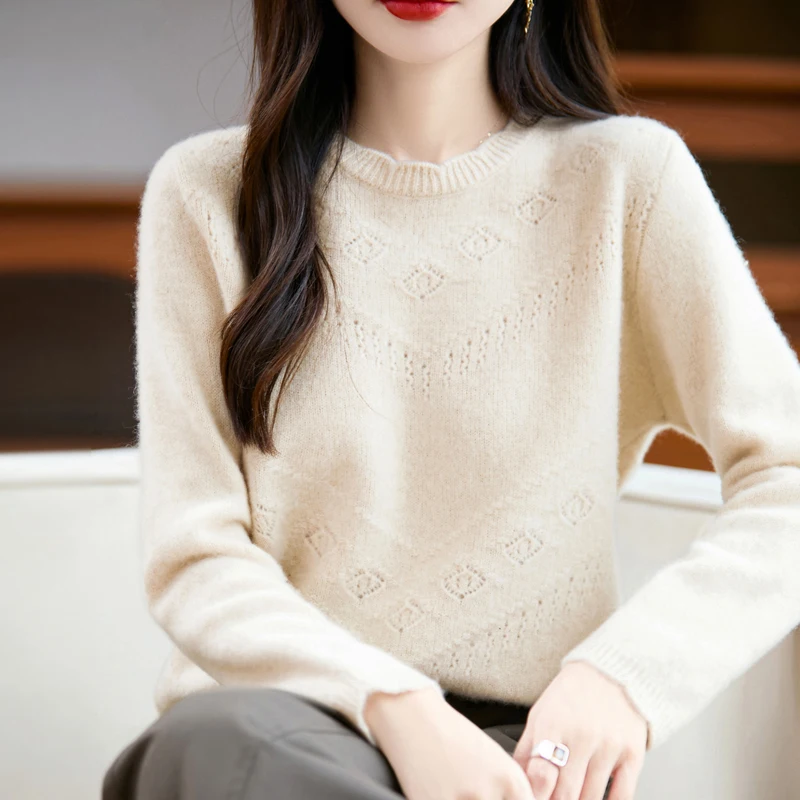 Pull en cachemire évidé à col rond pour femme, 100% laine mérinos, tricot, manches Leurs lan, décontracté, chaud, automne, hiver