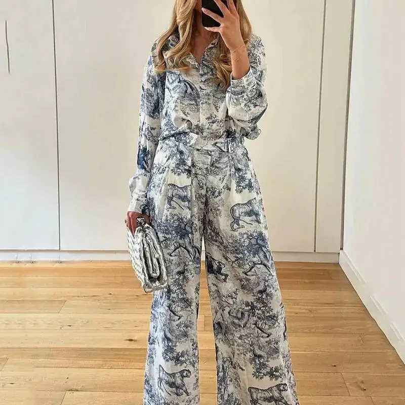 Europäisch-Amerikanisches Damen-Bekleidungsset Modisches Bedrucktes Hemd mit Kragen Lässiger Stil Frühling Sommer Mode-Set für Frauen