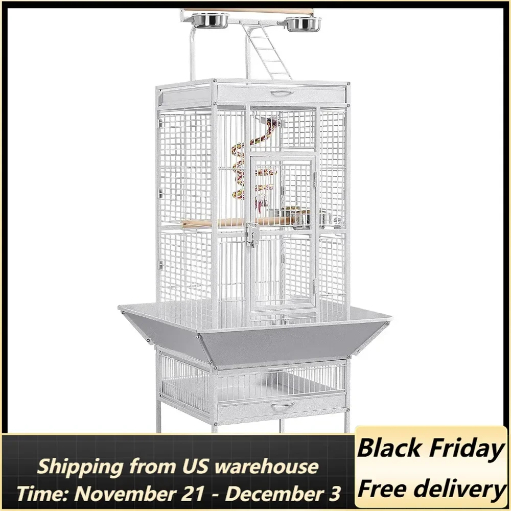 61-inch Wrought Iron Selection Play Top Large Parrot Bird Cage, White