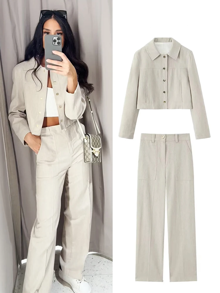 여름 여성 슬림 패션 싱글 버튼 라펠 재킷+엘라스틱 웨이스트 포켓 지퍼 팬츠 솔리드 라인 투피스 세트