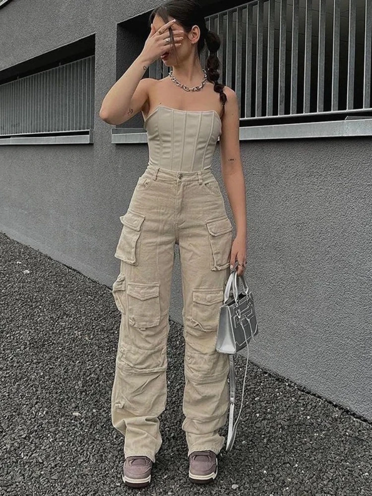 American Retro Khaki Overalls High Waisted Straight Trouser Women's 2024 Multi Pocket Street Hip-Hop Loose Casual Wide Leg Pants