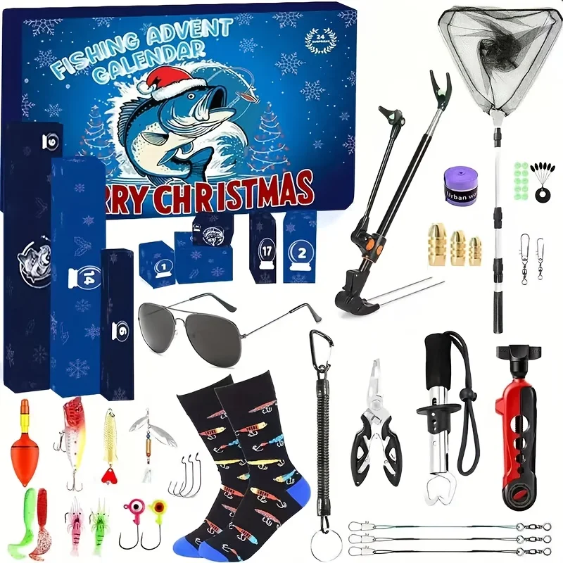 Fishing Advent Calendar 2025 for Men Fishing Tools 24 Day of Lure Accessories and Gear Surprises with Fishing Rod Holder