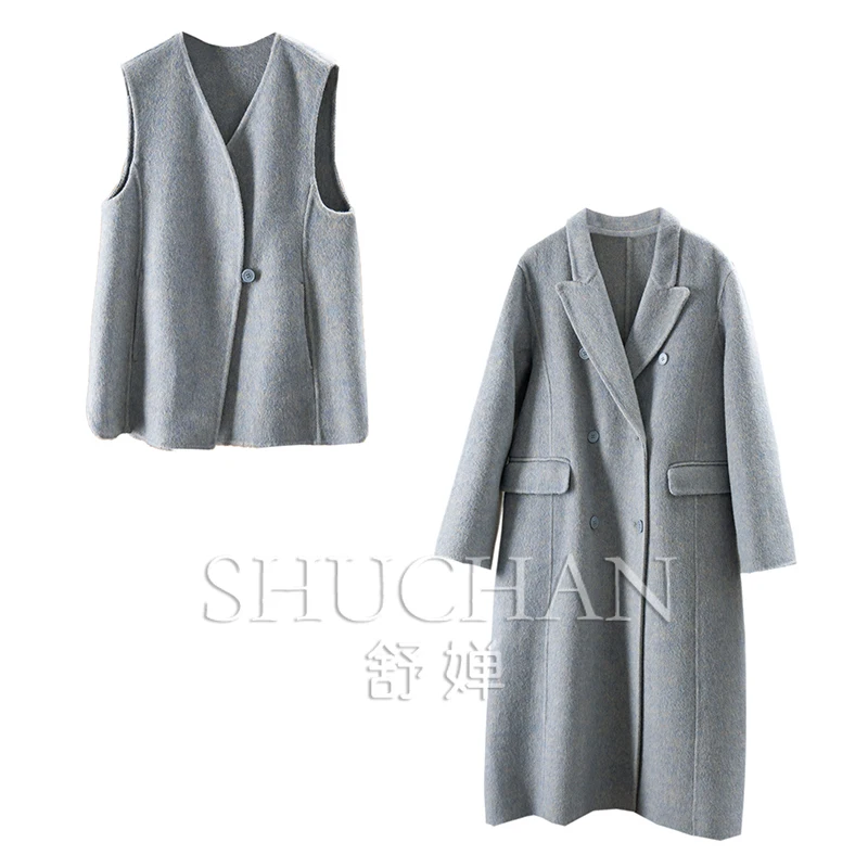 

2 Pieces Wool Blend Vest + Long Coat 73C7 Casaco Feminino De Inverno Super Quente Winter Jacket Women