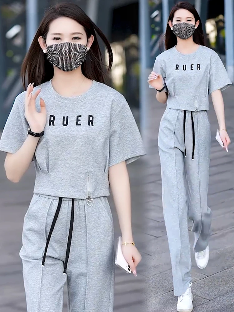 

Летний повседневный спортивный комплект, женские брюки ort Sve с широкими штанинами и утягивающей талией, модный комплект из двух предметов, удобный дышащий