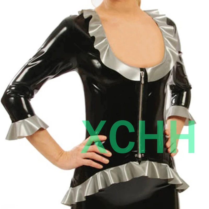 

Black with Sliver Ruffles Sexy Latex Blouse Zipper Front Rubber Shirts Top for Women