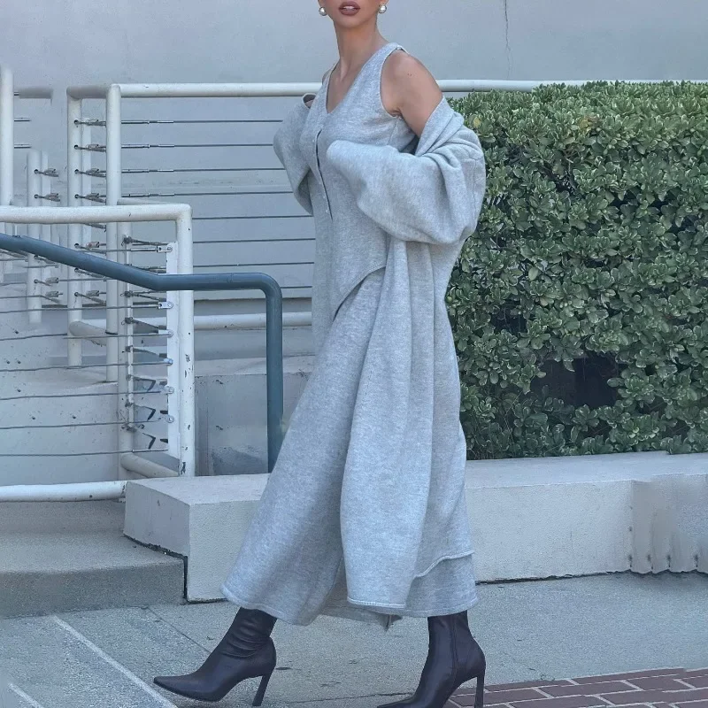 

High Street Fashion Lazy Knitted Three-piece Loose Medium and Long Cardigan Sleeveless Vest A-shaped Skirt Autumn and Winter