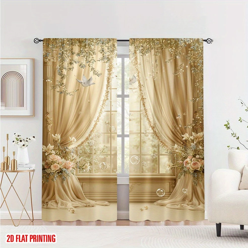 2 Pcs Elegant Floral & Dove Print Sheer Curtains – Polyester Rod Pocket for Living Room Kitchen Bedroom
