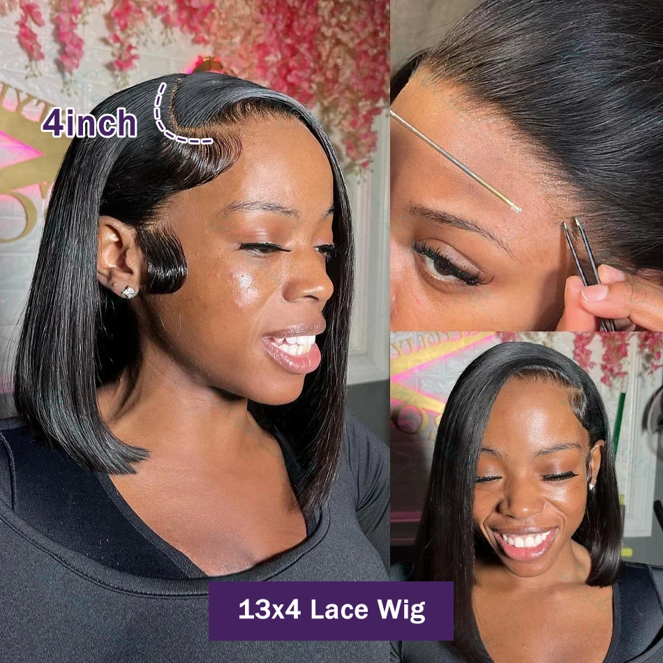 14 16 بوصة 13x4 HD شفافة العظام مستقيم الدانتيل أمامي شعر الإنسان قصير بوب شعر مستعار قبل قطعها 4x4 5x5 الدانتيل إغلاق الباروكات 250%