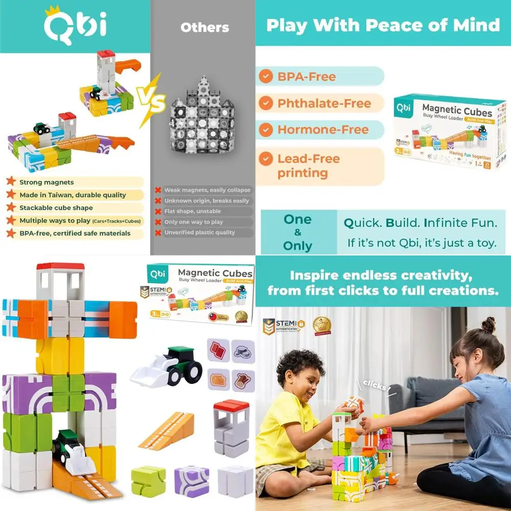 유아용 STEM 자석 블록 3세 이상 - 불도저와 타일이 포함된 3D 컬러풀 블록, 21피스 감각 학습 장난감