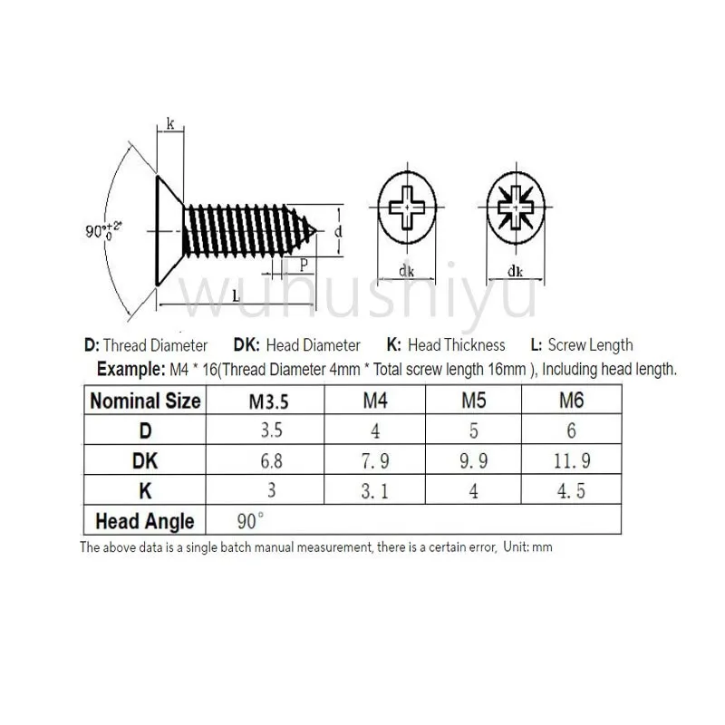 15-50pcs M3 M3.5 M4 M5 M6 Cross Countersunk Head Self Tapping Wood Screw Color Zinc Flat Head Phillips Tip Drywall Screw Fiber