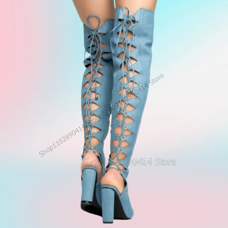 Blue Denim Hollow Cut Heel Peep Toe Boots Back Strap Women Shoes Chunky High Heels Novel Fashion Party 2023 Zapatos Para Mujere