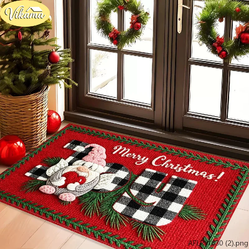 VIKAMA Goblin JOY Christmas Rug Buffalo Check Dwarf Non Slip Absorbent Entryway Welcome Mat Washable Cozy Festive Home Decor