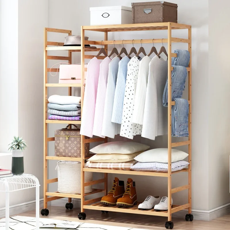 Bamboo MultiFunction Clothes Cabinet Rack FloortoCeiling Bedroom Coat Stand with Wheels Simple Storage for Bags