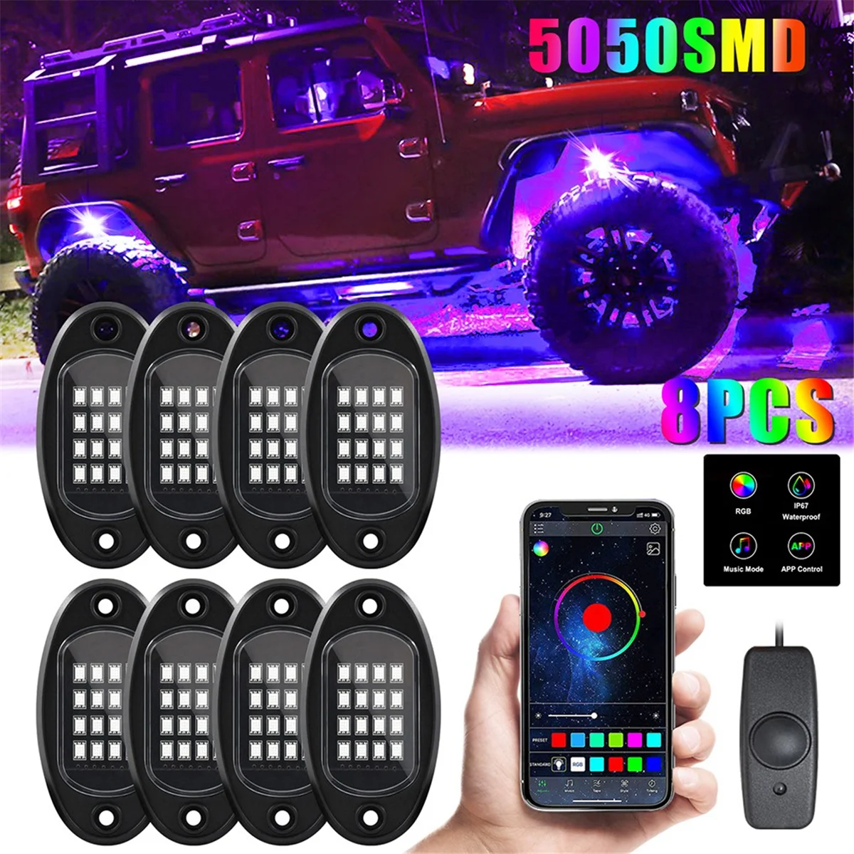 คลาสสิก 8 Pods RGB LED Rock ไฟชุด Underglow Multicolor Neon Light Pod พร้อม Bluetooth App Control สําหรับรถบรรทุก ATV UTV SUV