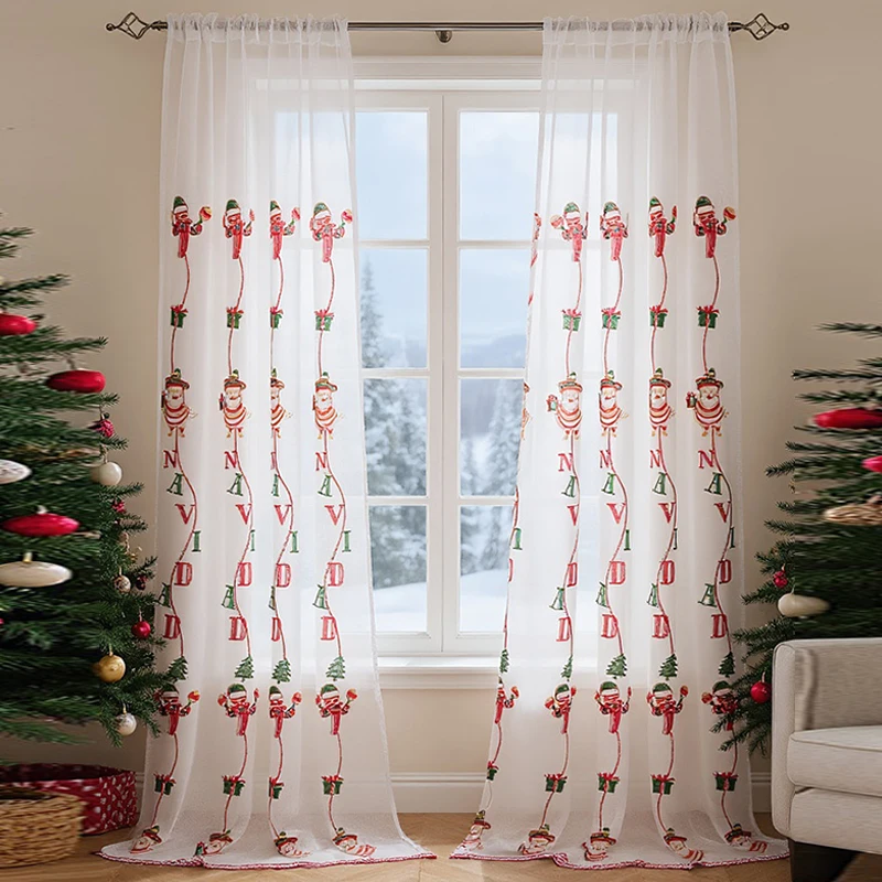

1 Pcs Cartoon Santa Claus Christmas Lace Embroidered Thin Curtain Bedroom Living Room Study Holiday Decor Window Screen
