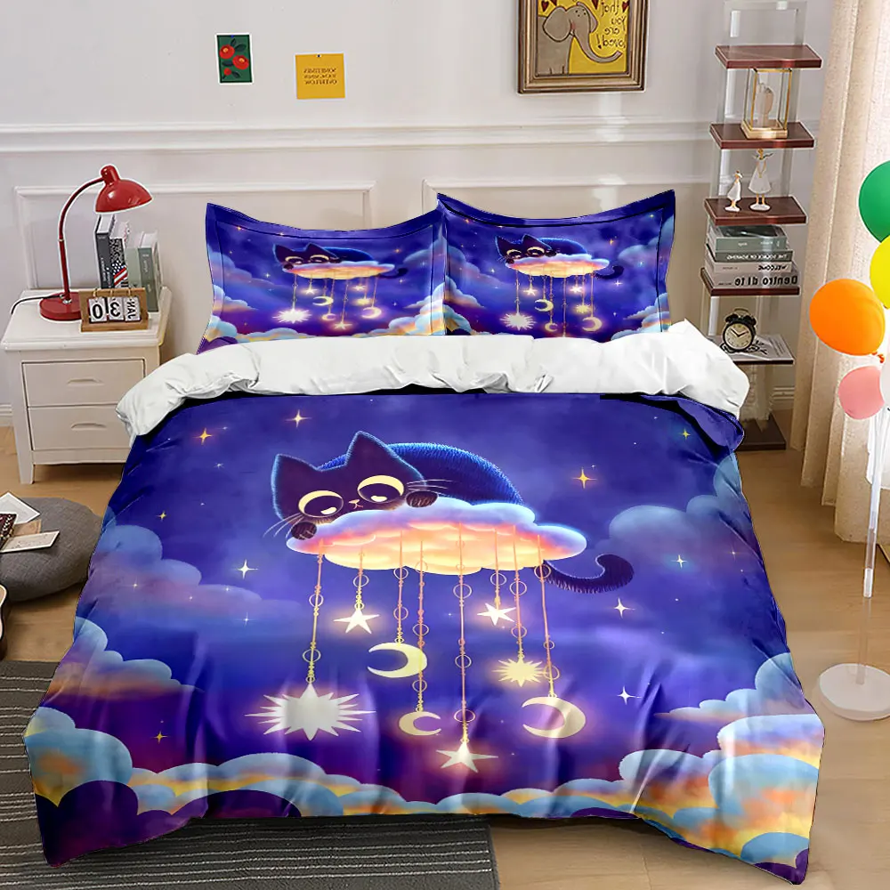 Cat on cloud with stars Print Bedding set 3PC 1 duvet cover 2 pillowcases adult and children bedding set Luxury