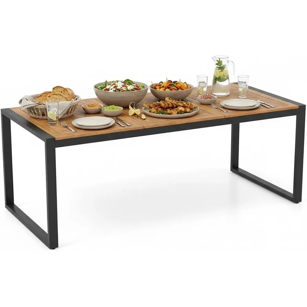 

79 Outdoor Acacia Wood Dining Table, 8 Seats, 1.9 Umbrella Hole, Heavy-Duty Metal Legs, Adjustable Feet, Suitable for Patio, Gar