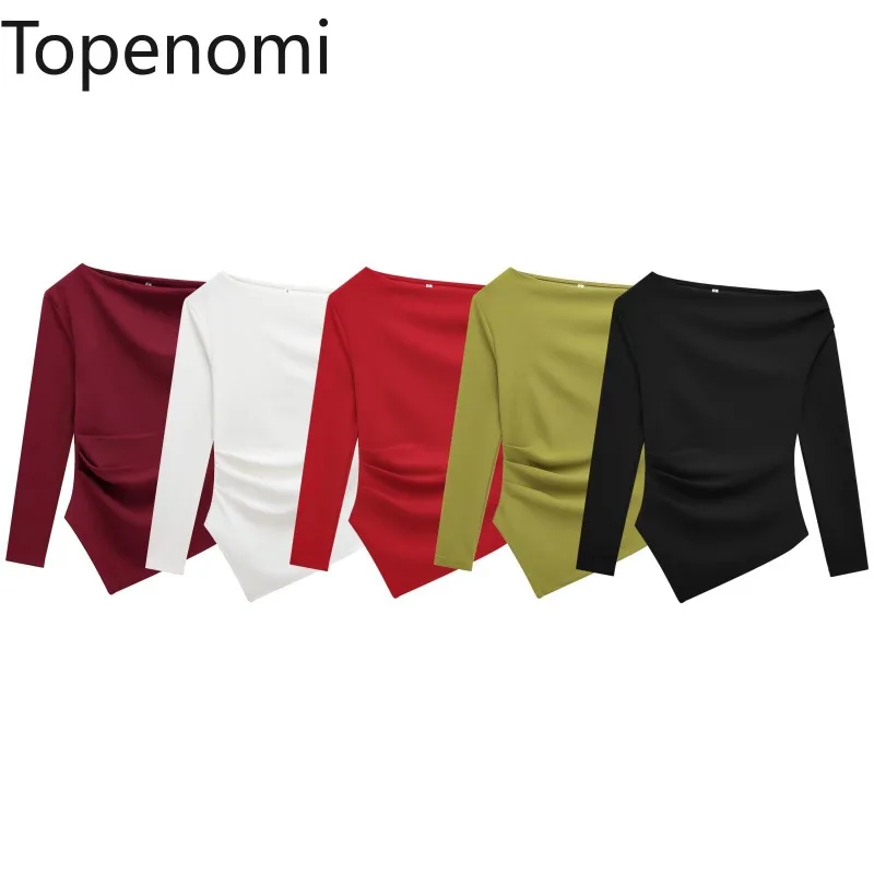 Topenomi Fashion Asymmetric T-shirt Women French Simple Solid Long Sleeve Elastic Slim Crop Top Spring Fashion Versatile Tees