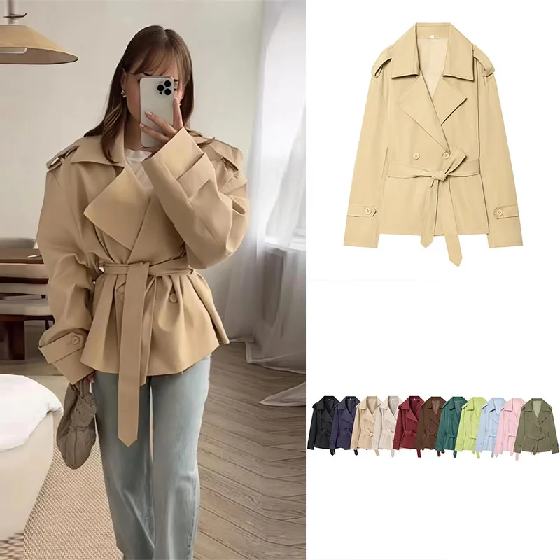 Guobioziy Women's Wool Coat 2026 Spring-Autumn Collection Solid Color with Belt Design European-American Casual Fashion Trend