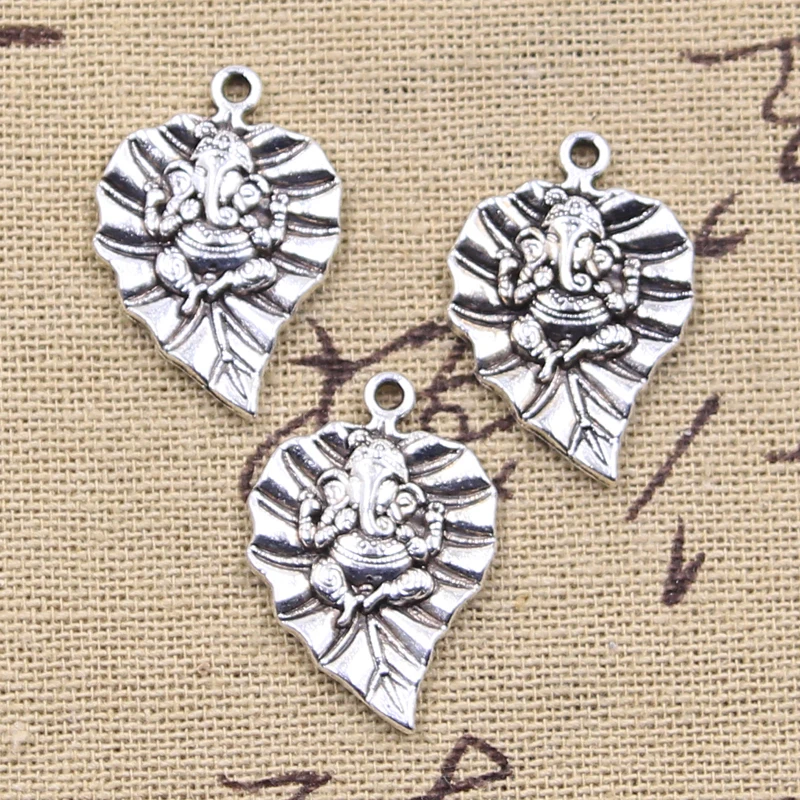 10pcs Charms Leaf Ganesha Buddha Elephant 25x18mm Antique Silver Color Pendants Making DIY Handmade Tibetan Finding Jewelry