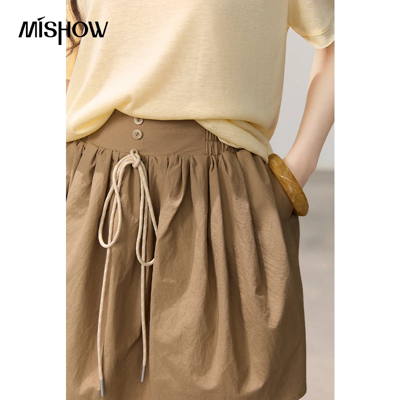 MISHOW Women's Elastic Waist Drawstring Bud Skirt 2026 Spring Cotton Blend Casual Loose Skirts A-line Khaki Mni Skirt MXF16B2487