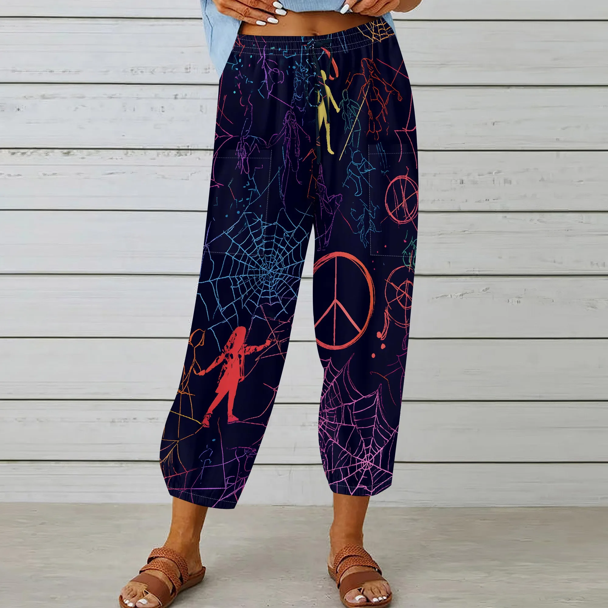 Printed Casual Pants, Spiderweb Print Trousers, Peace Sign Leggings, Witch Graphic Sweatpants, Yoga Lounge Pants XS-3XL