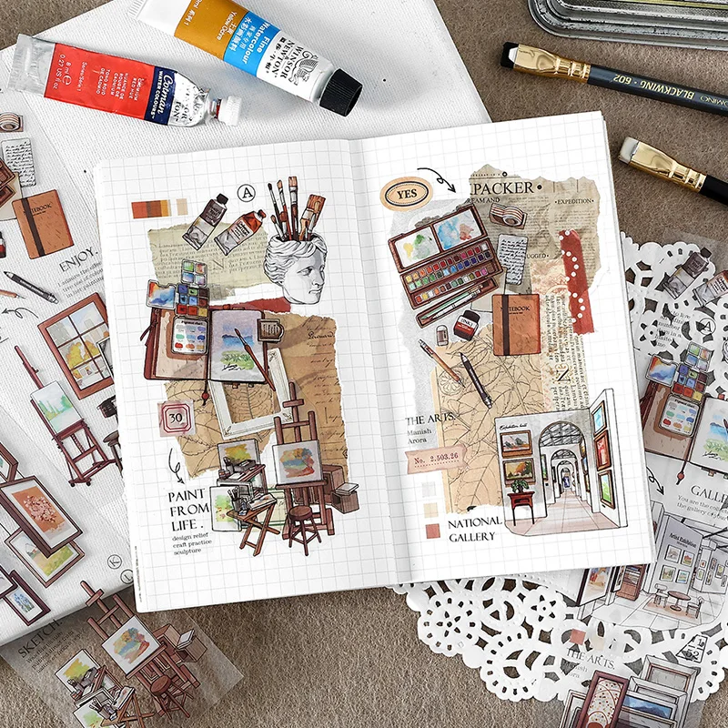 Mr.Paper Retro Street Scene PET Stickers, Coffee Shop Food Truck Art Gallery Decorative Stickers for Scrapbooking Journaling DIY