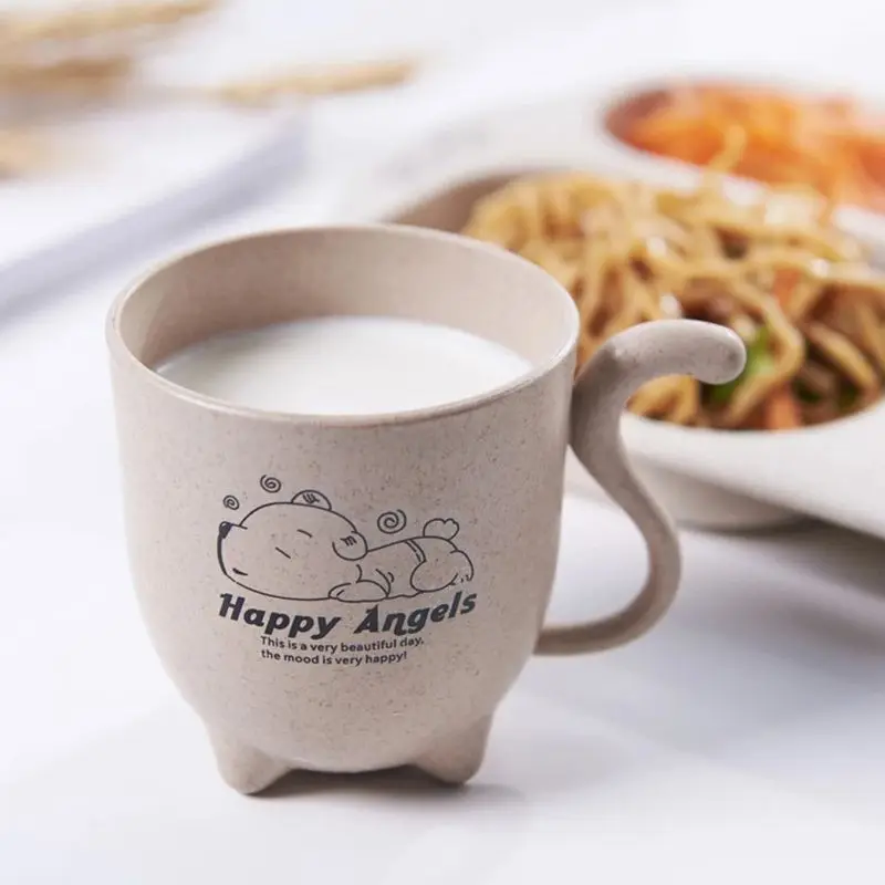 Cute Cartoon Wheat Straw Plastic Tumbler with Handle for Water, Coffee, Milk, Tea Unbreakable Reusable Drinking Cup