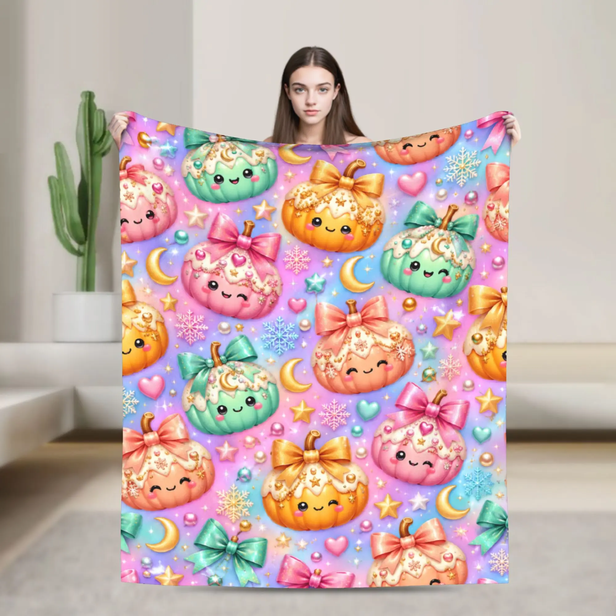 1pc Rainbow Sky Cartoon Xiaolongbao Bowknot themed Blankets  Soft Warm Graphic Plush Throw Blanket Flannel Bedspread Bed Cover