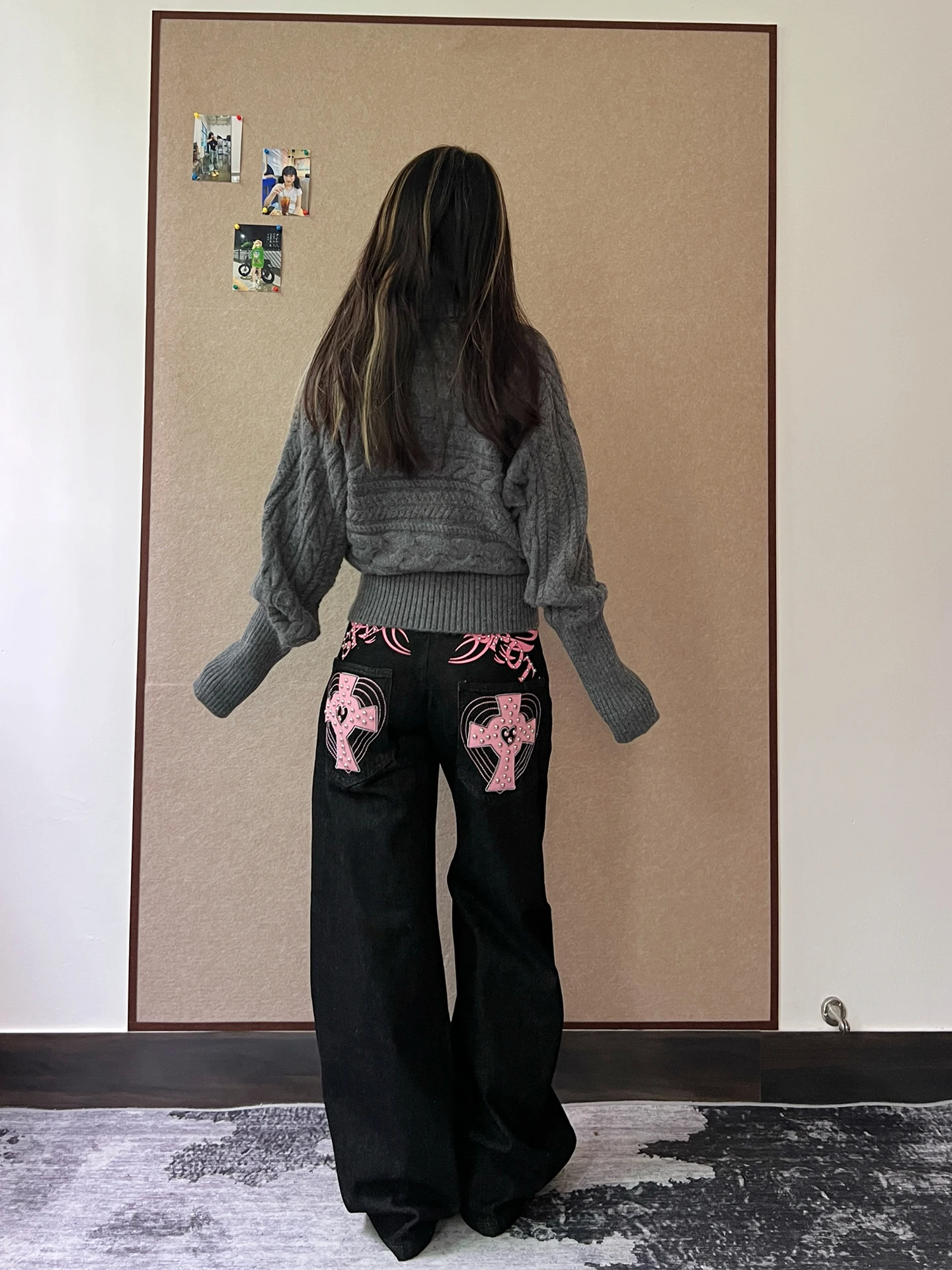 

Ретро-джинсы американского стиля с розовыми заклепками, широкие, свободные, прямые, длинные брюки для женщин, в стиле High Street