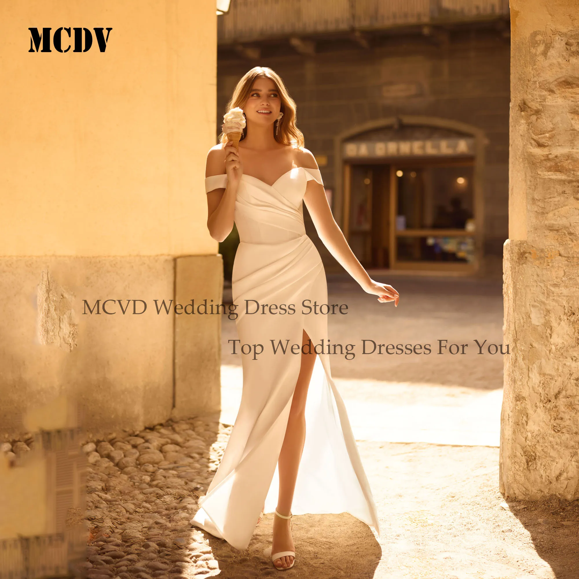 

MCDV Customized Off Shoulder Wedding Dresses Side Split Mermaid Satin Bride Gowns 2025 Pleated Simple Wedding Gowns Sweep Train