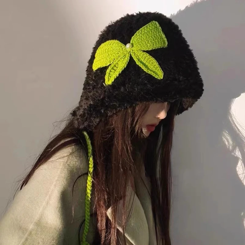 

Winter Lovely Plush Knitted Woolen Hat Outdoor Warm Ear Protective Hat Woman