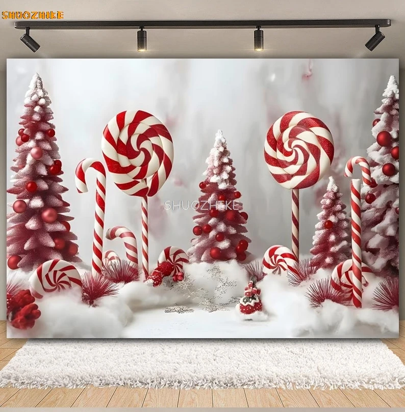 Рождественский фон для фотосъемки, конфеты, трость, леденец, рождественская елка, колокольчики, красный, белый, зима, детский портретный фотофон, декор