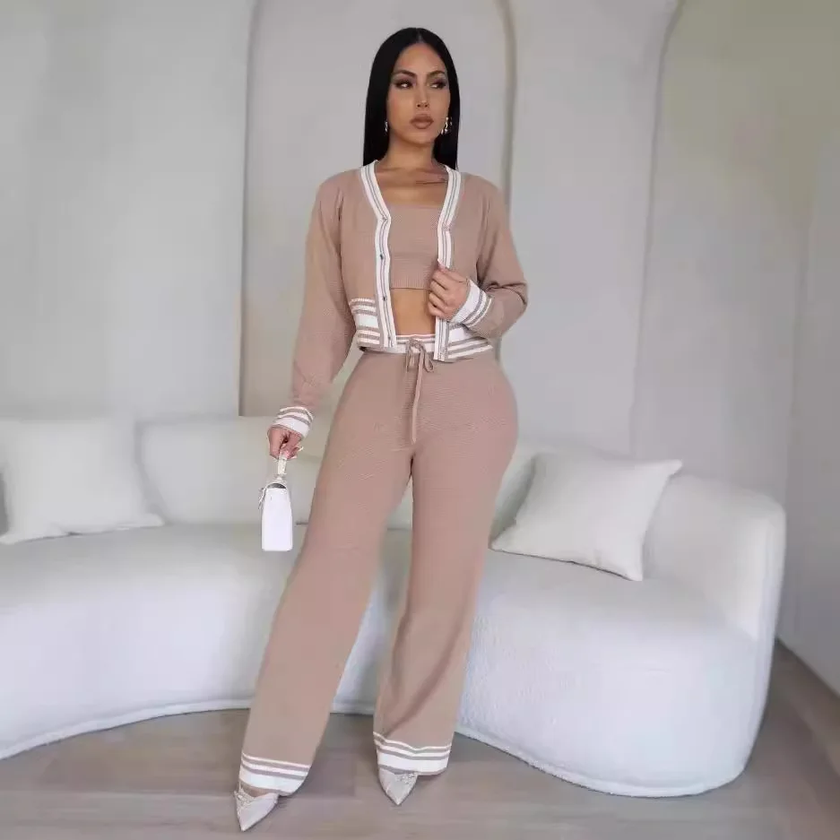 

Pant Set Women Three Piece Sets Sling Short Tops Single Breasted Matching Sets Coats Knit Wide Leg Long Pants Lace Up Casual