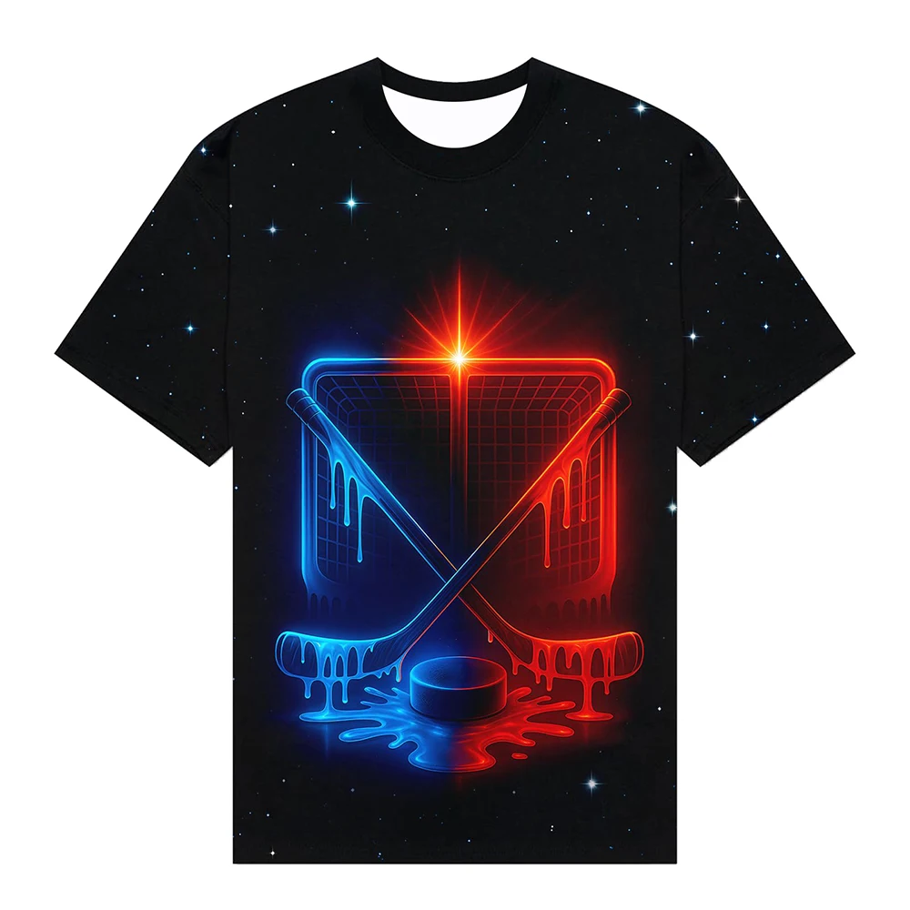 Men Ice Hockey Graphic T-Shirt Neon Drip Print Short Sleeve O-Neck Tee Galaxy Starry Background Hockey Fan Streetwear Tops
