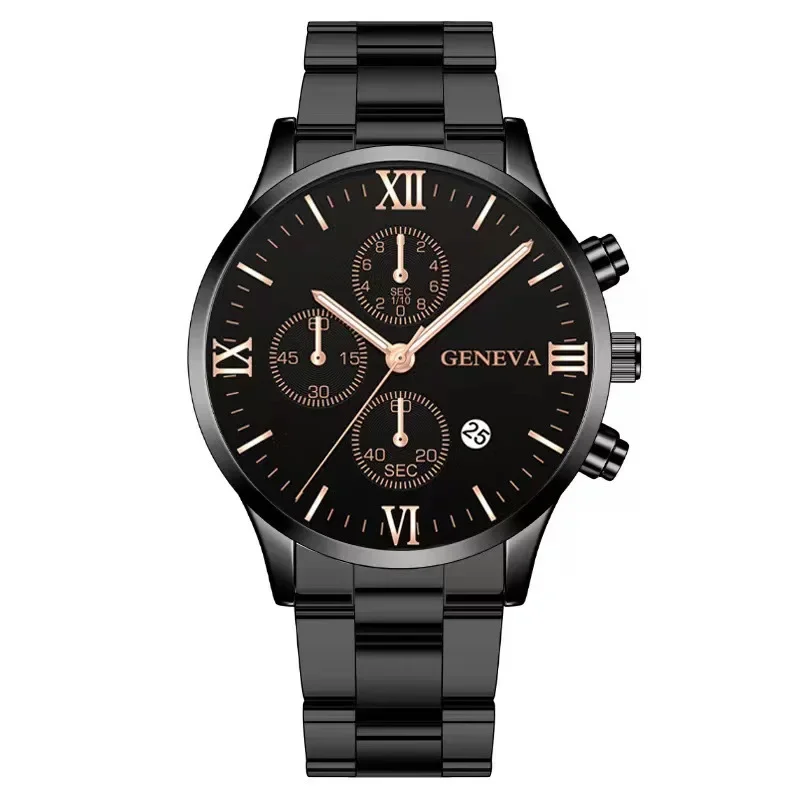 Fashion Three Eye Calendar Roman Pattern Steel Strip Men's Watch