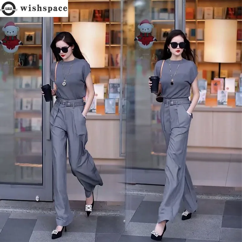 

Casual Set for Women's 2024 Summer New Style Commuting Short Sleeved Top+high Waisted Straight Leg Pants Two-piece Set