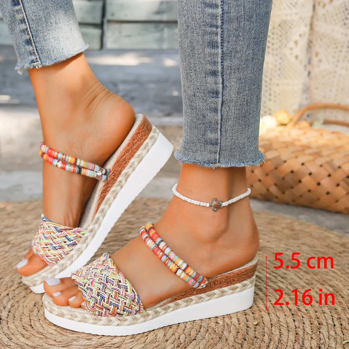 Summer Beach Vocation Bohemian Sandals Woman Wedge Heels Colorful Woven Platform Slippers Women Plus Size 43 Sandalias De Mujer