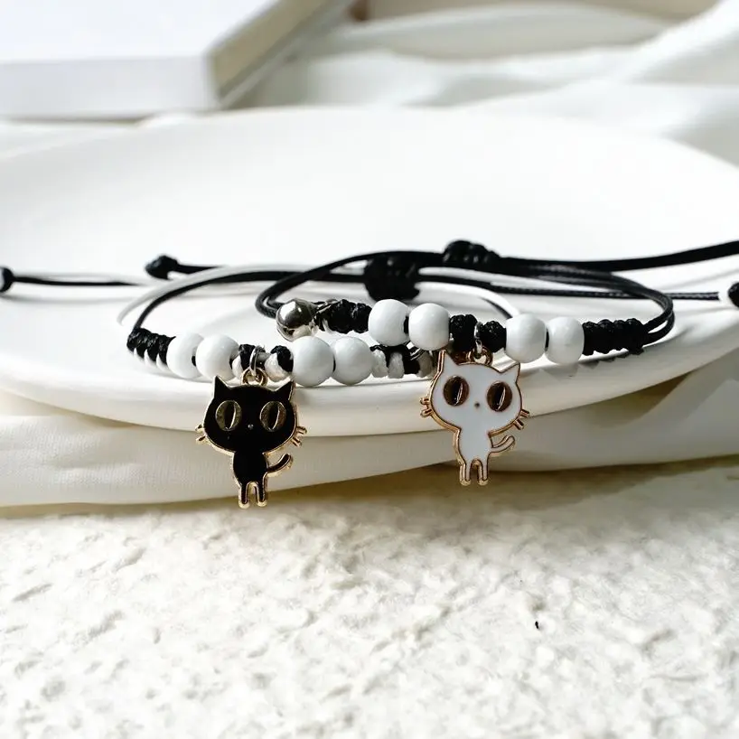 Cute Cat Pendant Bracelets for Women Romantic Black White Matching Couple Bracelets Fashion Handwoven Jewelry Friendship Gifts