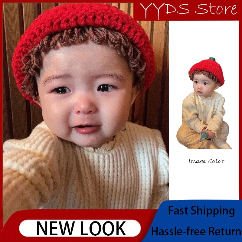 冬かわいい赤いニットバケットハット暖かいソフトサーマルサンキャップ新生児男の子女の子屋外日常外出着用